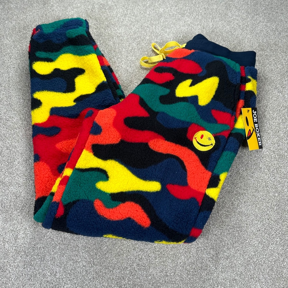 New Joe Boxer Mens Small Sherpa Sweatpants Blue Camo Smiley Face Fleece Joggers